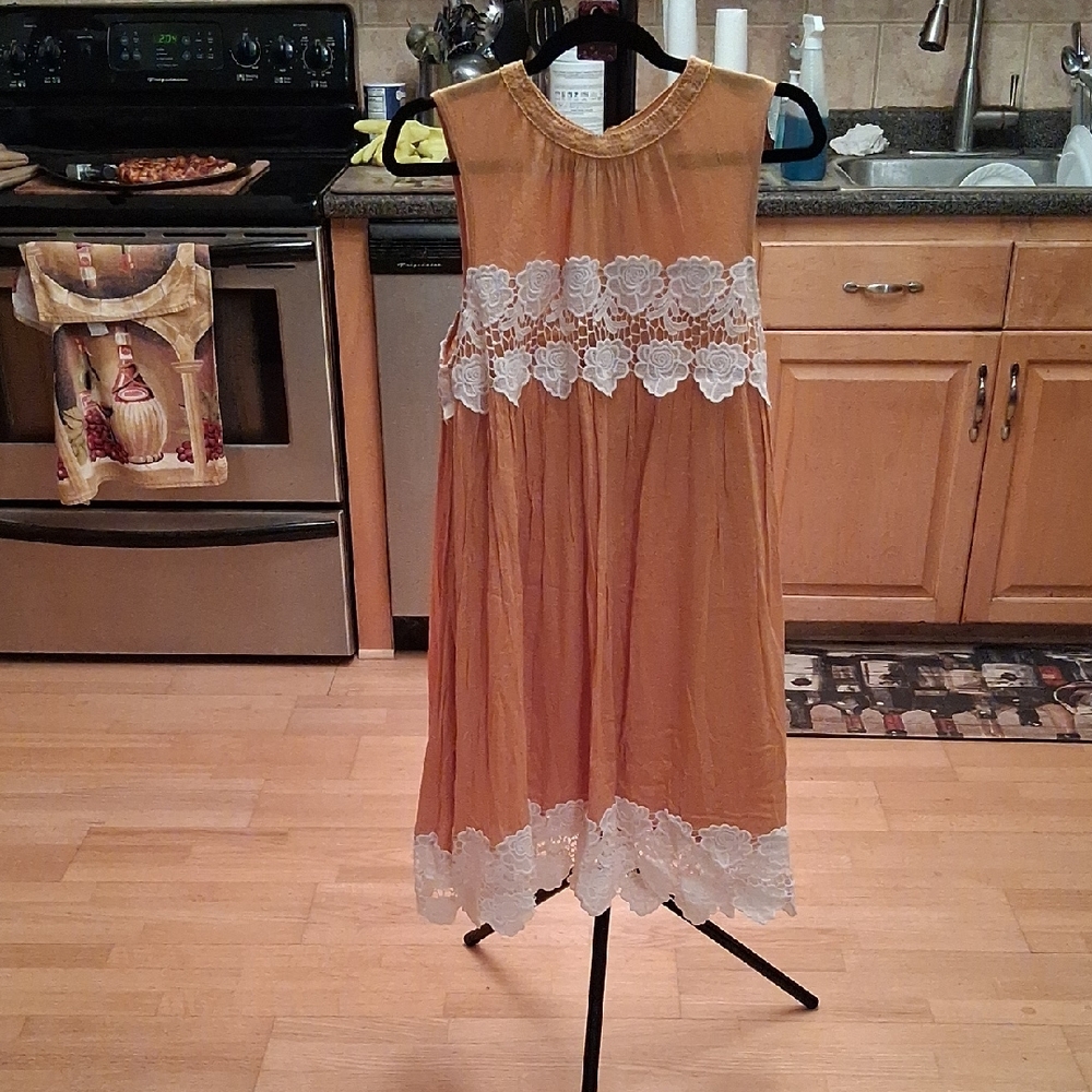 Elegant Tan Midi Dress with White Lace